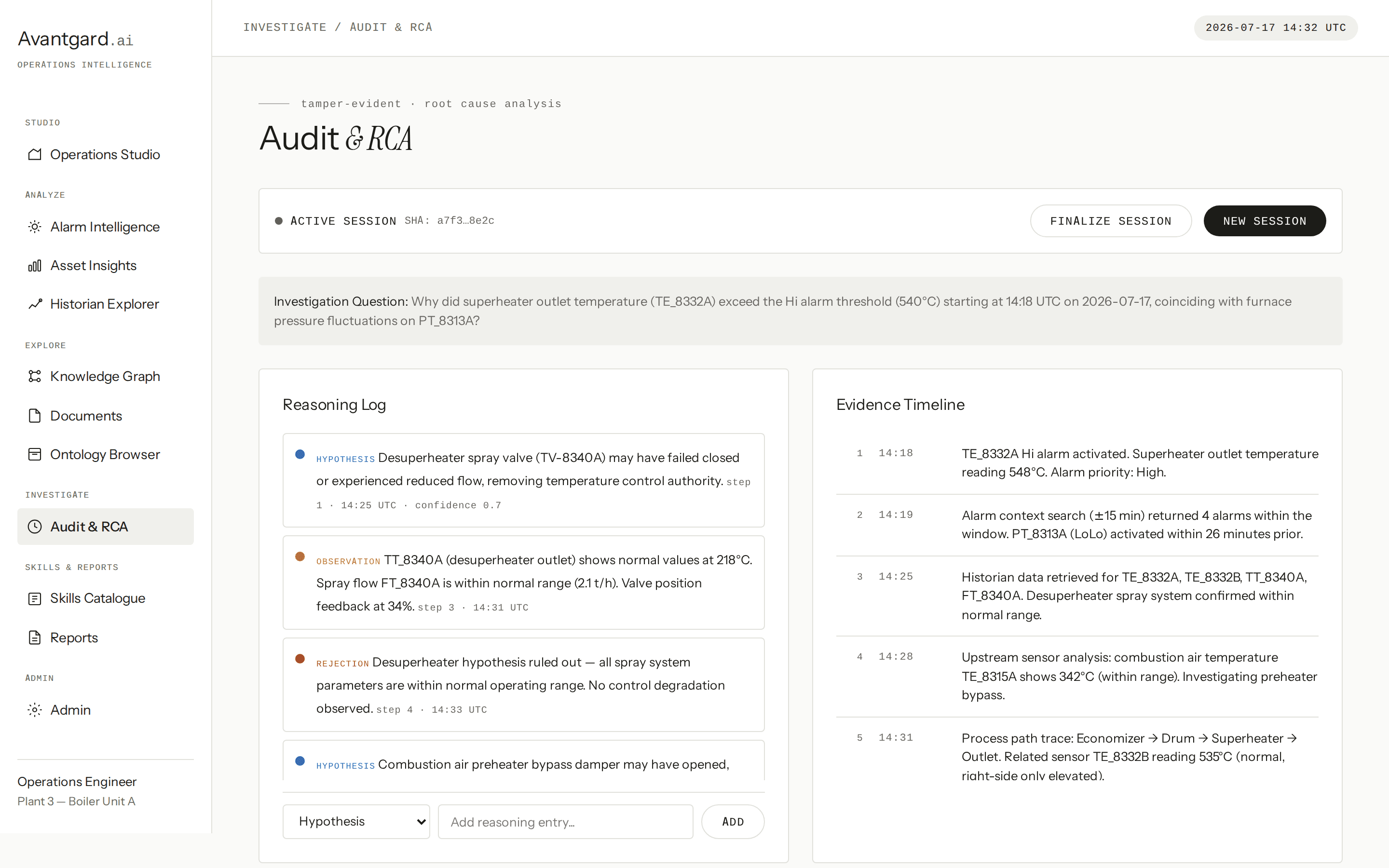 Audit & RCA screen showing a reasoning log with hypotheses, observations, and an evidence timeline