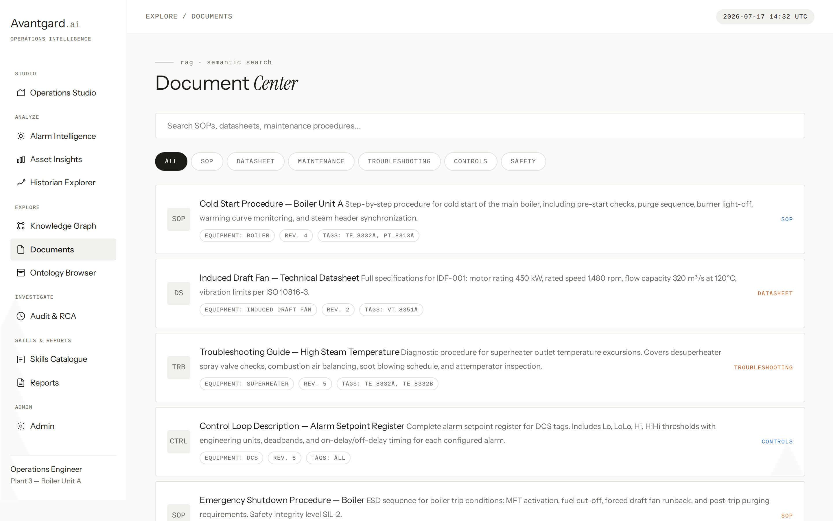 Document Center semantic search over plant procedures and datasheets