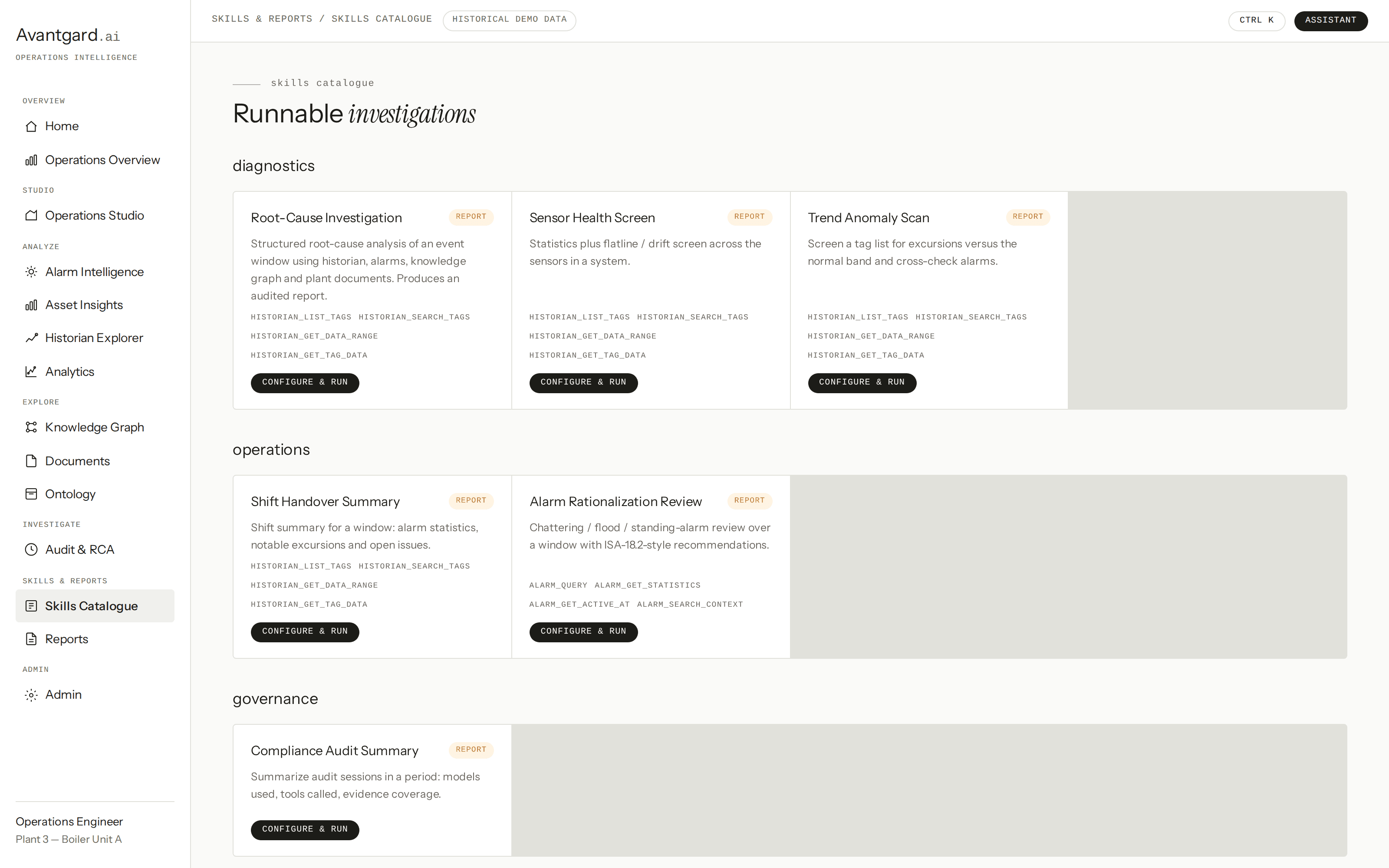 Skills Catalogue of runnable investigations grouped into diagnostics, operations, and governance